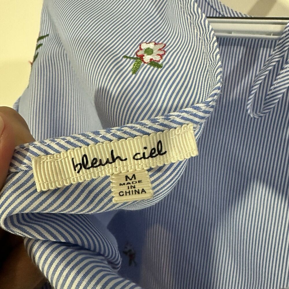 Bleuh Ciel Womens Blouse Medium Blue Striped Backless Big Bow Tie Embroidered - Picture 5 of 8